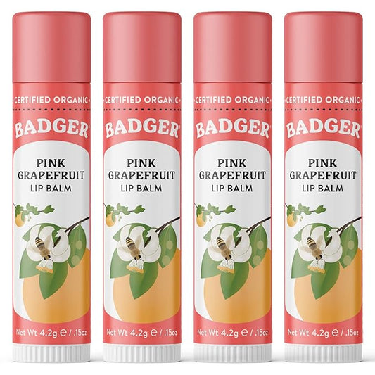 Badger - Classic Lip Balm, Pink Grapefruit, Made with Organic Olive Oil, Beeswax & Rosemary, Certified Organic, Moisturizing Lip Balm, 0.15 oz (4 Pack)