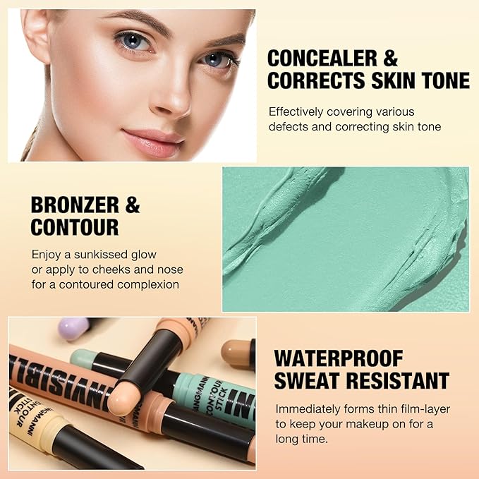 Jolilab 4 Color Contour Stick Concealer Stick Cream Palette Contour Multifunctional Contouring Makeup Kit for Face Highlighter Makeup Stick Set Long Lasting & Waterproof(01+02+04+06, 1)