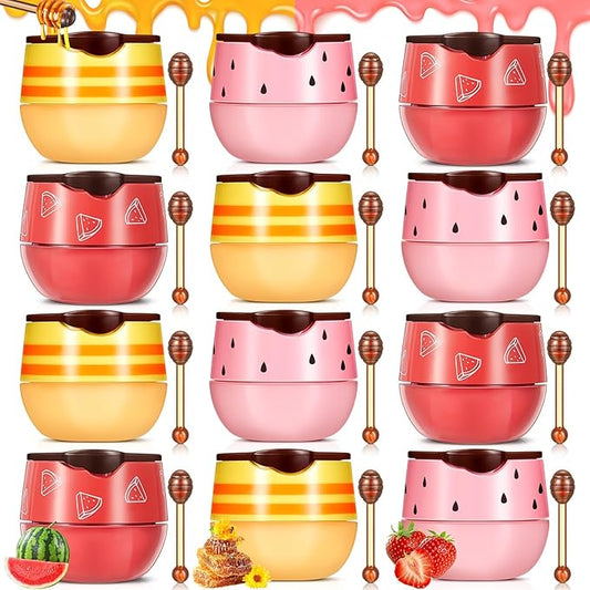 12 Pcs Bee Lip Balm Honey Pot with Brush Propolis Lip Mask Overnight, Moisturizing Hydrating Lip Sleeping Mask Prevention Dry and Cracked(Honey+Strawberry+Watermelon)
