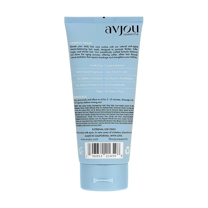 Avjou Researche™ Vitamin Mask – Supports the Look of Thicker, Fuller Hair – Vegan, Color & Keratin Safe, Hydrates & Strengthens with Redensyl™ – Designed for All Hair Types, 6 oz