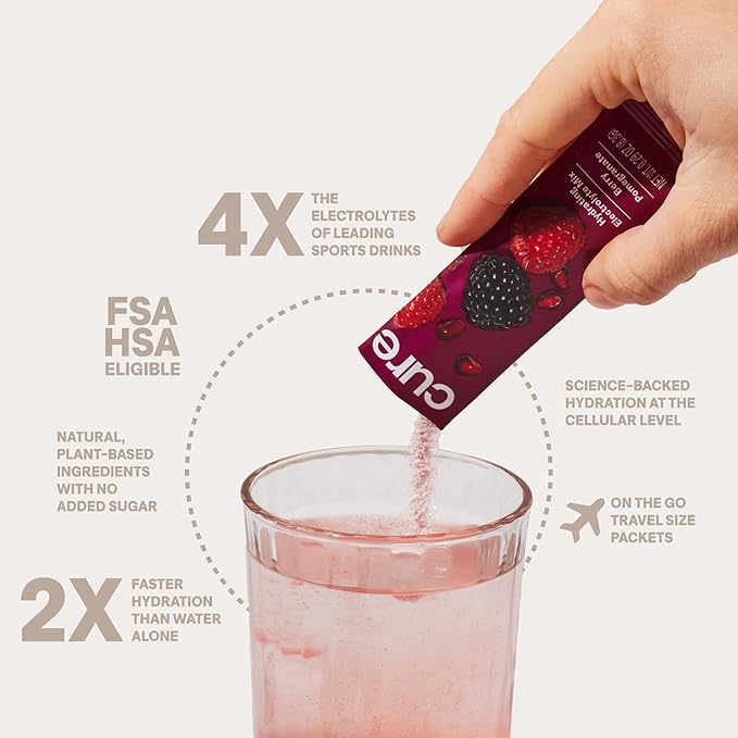 Cure Hydration | Plant-Based Electrolyte Drink Mix | No Added Sugar | Dehydration Relief Powder Made with Coconut Water | Non-GMO | Vegan | 28 Servings Jar - Berry Pomegranate