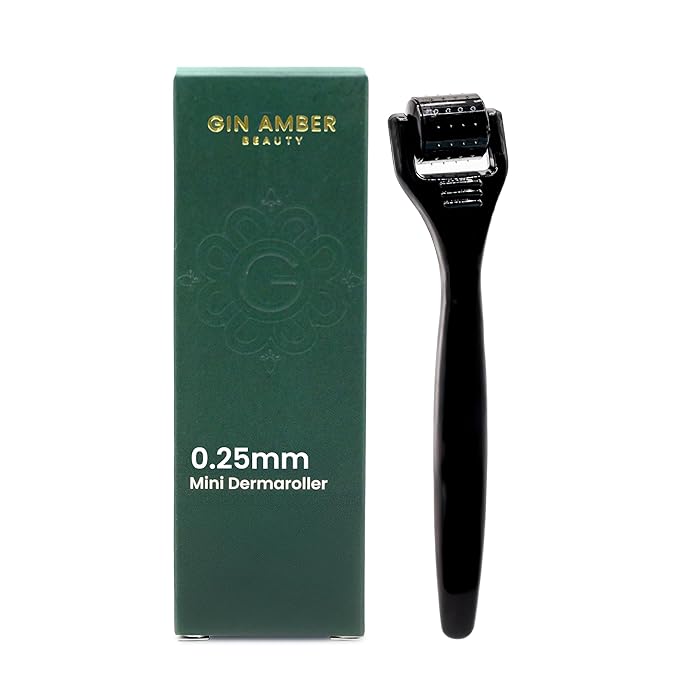 Gin Amber Beauty Mini Derma roller (0.25mm) - 48 Real Individual Needles, Microdermabrasion Device for Skin Care, Serum Absorption with Microneedling, Tool, Hygienic Case (Black Mini 0.25mm)