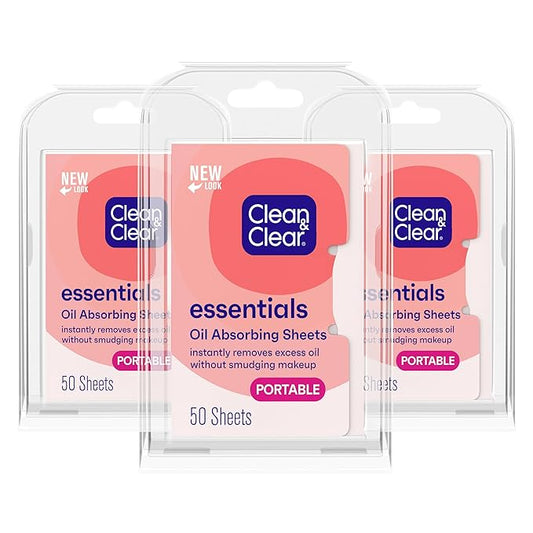 Clean & Clear Oil Absorbing Facial Sheets, Portable Blotting Papers for Face & Nose, Absorbing Blotting Sheets for Oily Skin to Instantly Remove Excess Oil & Shine, 3 x 50 ct