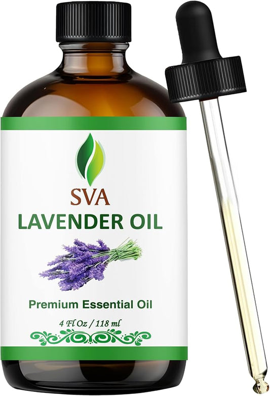 SVA Lavender Essential Oil – 4 Fl Oz – 100% Natural Lavender Oil - for Diffuser, Hair Care, Face, Skin Care, Aromatherapy, Scalp and Body Massage, Soap and Candle Making – with Dropper
