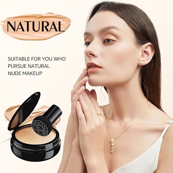 Mushroom Head Air Cushion CC Cream, Long-Lasting Brightening BB Cream Foundation With Powder Puff for Face Makeup and Mature Skin, Moisturizing Full Coverage Self Adjusting Concealer (Natural)