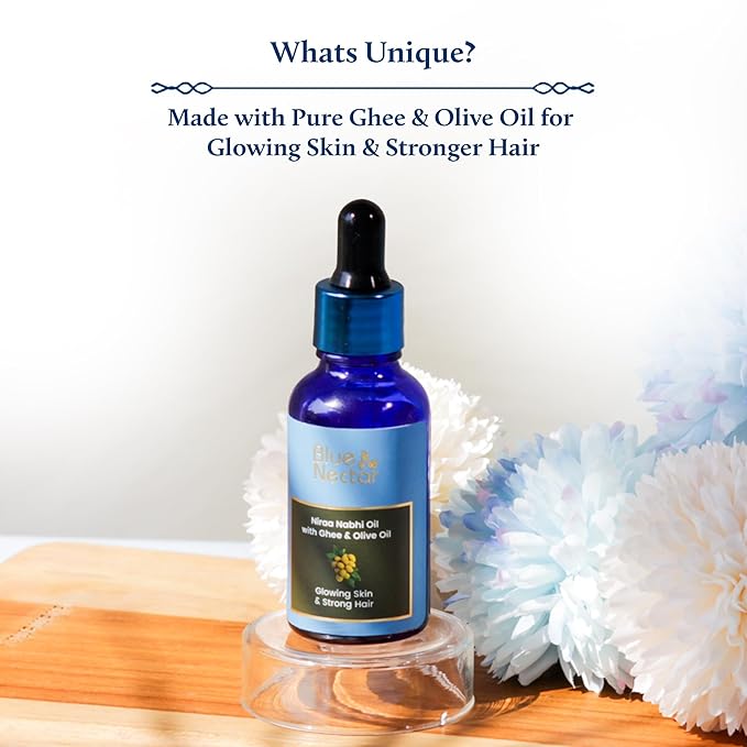 Blue Nectar Ayurveda Navel Oil with Ghee & Olive for Belly Oiling | Natural Belly Button (Nabhi) Oil for Radiant Skin & Deep Hydration (22 Herbs, 0.33Fl Oz)