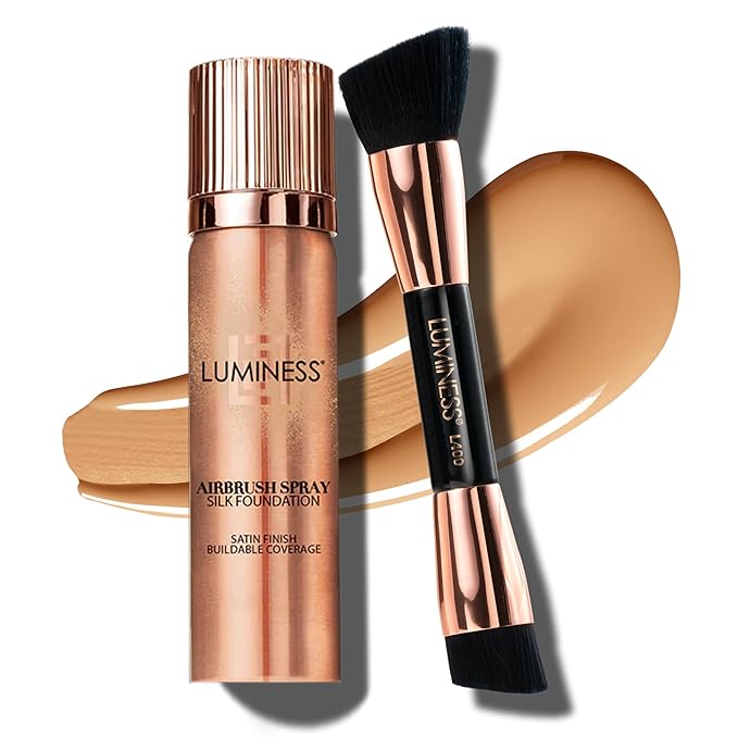 LUMINESS Silk Airbrush Spray Foundation 2-PC Kit - Foundation & Dual-Sided Angled Makeup Brush - Buildable Coverage, Anti-Aging Formula, Humidity Resistant, Hydrates & Moisturizes, Medium