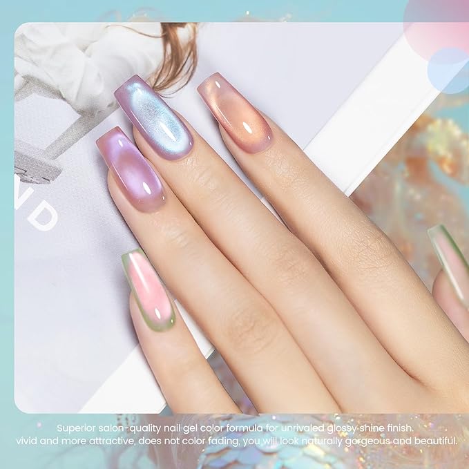 RARJSM Aurora Mermaid Cat Eye Gel Nail Polish Set 6pcs Reflective Pink Purple Green Blue Diamond Ceramic Glitter Glass Cateye Gelpolish with Magnet Stick 7.5ml Curing Requires Soak Off for Home Salon