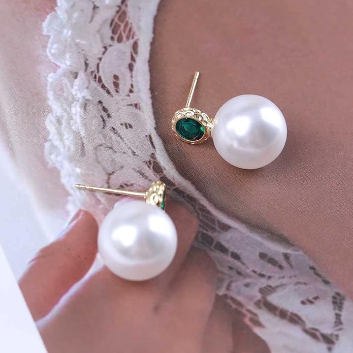 Vintage Emerald Pearl Earrings Gold Pearl Drop Earrings Green Emerald Studs Earrings Rhinestone Pearl Emerald Earrings Jewelry for Women