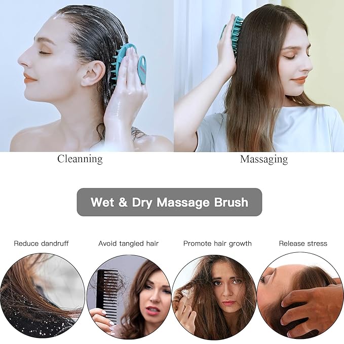 Scalp Massager Shampoo Brush, Wet & Dry Manual Scalp Care Head Scrubber Hair Washing, Soft Silicone Bristles, for Hair Growth, Dandruff Removal, Comfortable for All Hair Types (Dark Green+Gray)