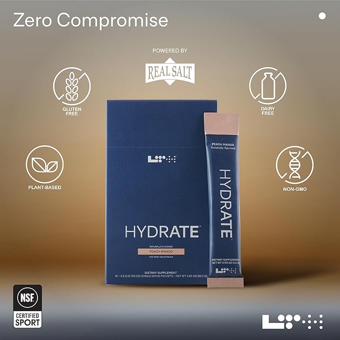 LTH Hydrate Hydration Mix - Trusted by Life Time Fitness Members - NSF Certified for Sport - Electrolyte Powder - Plant-Based, Non-GMO, Gluten Free - 15 Single-Serve Packets (Peach Mango) - 2-Pack