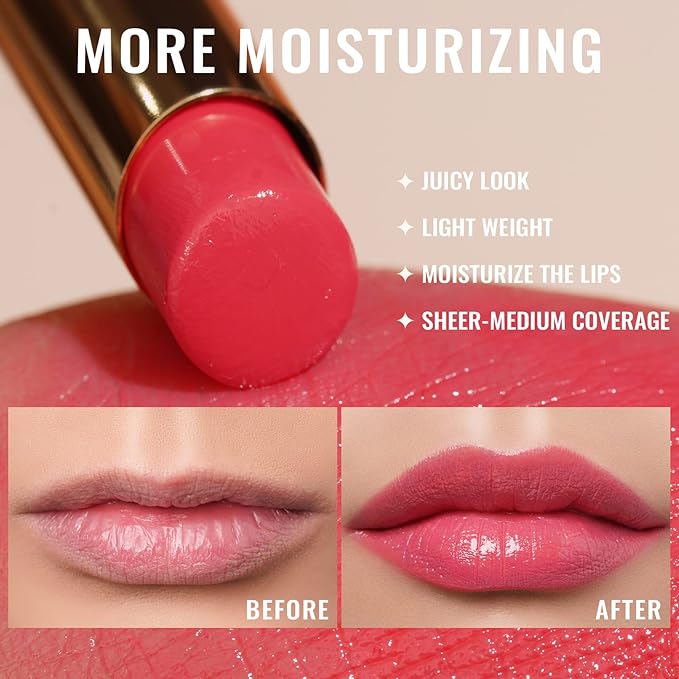 Oulac Watermelon Pink Lipstick - Moisturizing Lip Stick Glossy Tinted Lip Balm, Sheer Shine Juicy Finish, Lightweight and Hydrating Formula for Dry Lip Care, Vegan 2.2g/0.07oz (11)