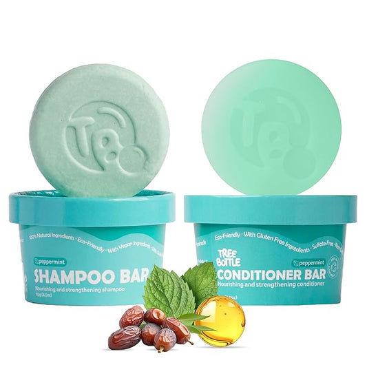 Castor Oil Shampoo & Conditioner Bar Set Bundle – With Peppermint Essential Oils & Biotin – Nourishing, Volumizing & Strengthening – Plastic-Free, Frizz Control – 7.8oz