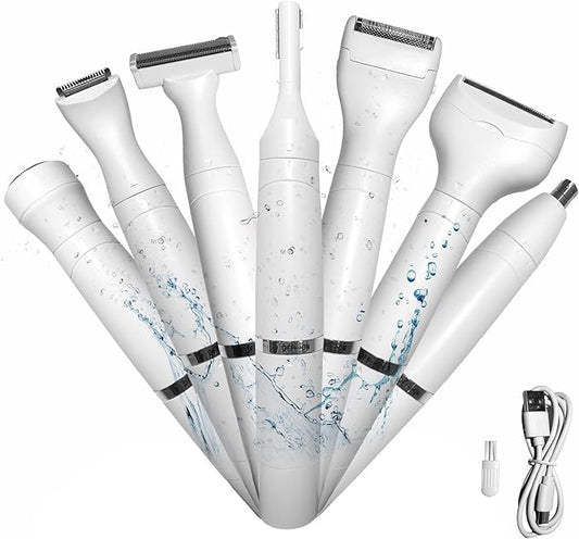 Bikini Trimmer for Women, 7 in 1 Electric Razor, Hair Trimmer for Face Nose Eyebrow Legs Arm Armpit Bikini, Waterproof, Painless Rechargeable Body Shavers Set