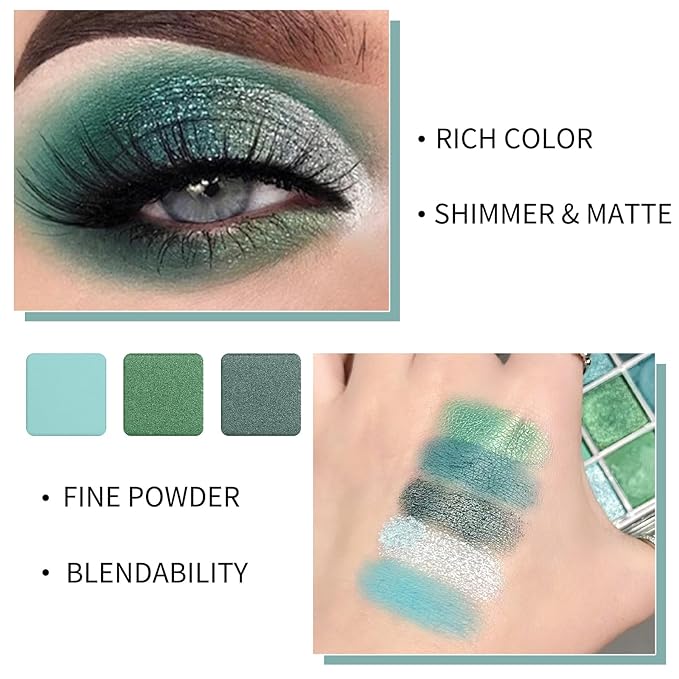 Erinde Matte Shimmer Light Deep Green Eye Shadow Palette Makeup Eyeshadow, Long Lasting Waterproof Cruelty-Free, 9 Blendable Shades Smooth Finishes Powder with Gorgeous Pearls for Girls