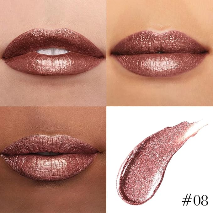 evpct Brown Bronze Metallic Glitter Lip Liner and Lipstick Combo Lip Gloss Stain Set Makeup for Women Long Lasting Waterproof 24, Hot Chocolate Metallic Shimmer Frosted Iridescent Liquid Lipstick 08