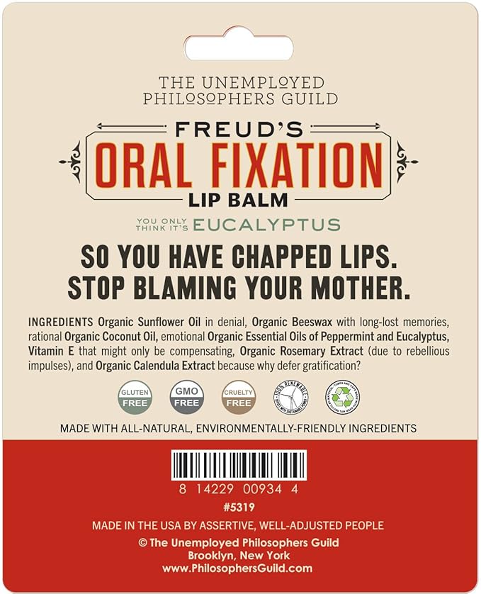 Sigmund Freud's Oral Fixation Lip Balm Tube, Eucalyptus Mint Flavored - Cruelty-Free and Made in The USA from Natural and Imported Ingredients