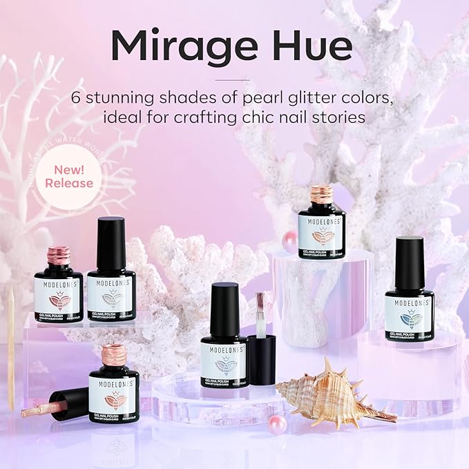 modelones Pearl Gel Nail Polish, 6 Colors Shimmer Glitter Iridescent White Nude Blue Pink Mermaid Nail Drawing Soak Off Gel Polish Swirl Shell Thread Effect Gift DIY at Home with Dotting Pen