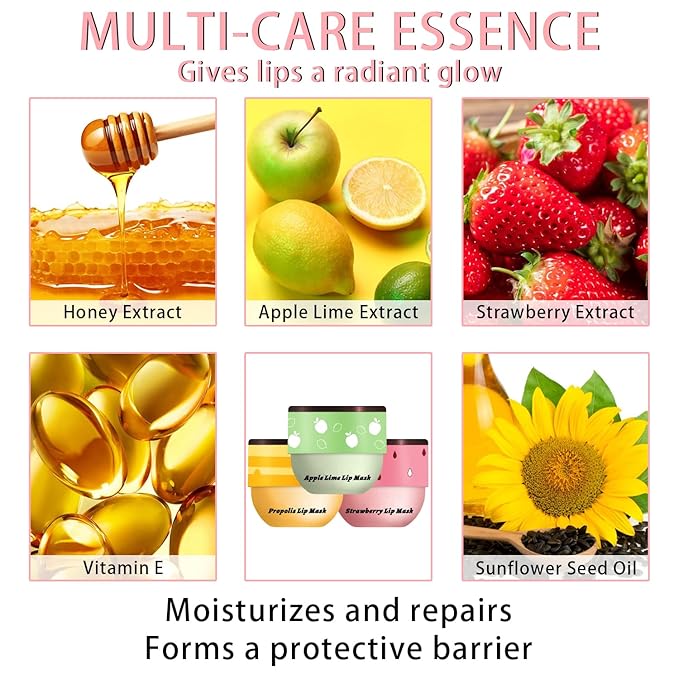 3 Pcs Bee Lip Balm Honey Pot, Honey Strawberry Apple Lip Mask Overnight, Moisturizing Lip Sleeping Mask, Hydrate Repair Prevent Dry Cracked Lip Exfoliator Lip Care (Honey+Strawberry+Apple Lime)