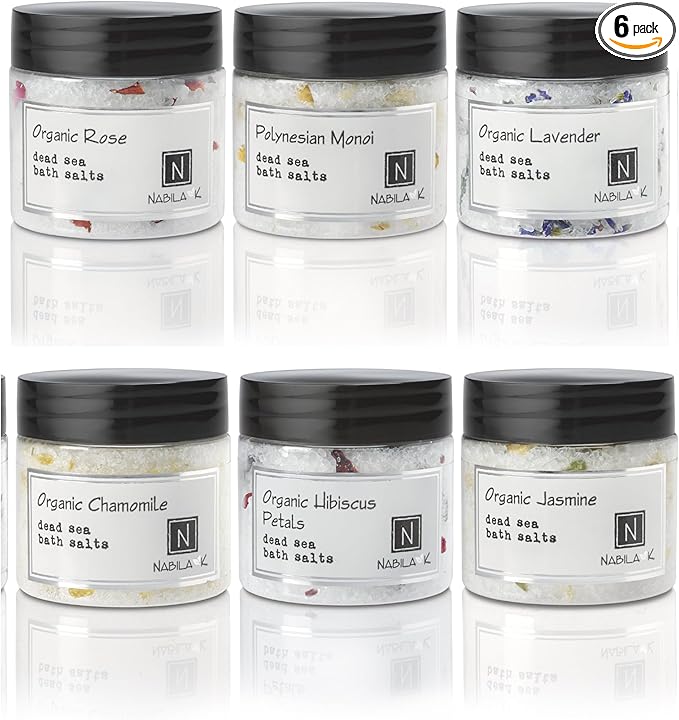 Assorted Bath Salts (Set of 6) by Nabila K - Dead Sea Salt & Epsom Salt Scrub & Soak - Exfoliates & Hydrates Skin, Botanical Essential Oils - Bubble Bath Accessories for All Skins Types, 2 oz