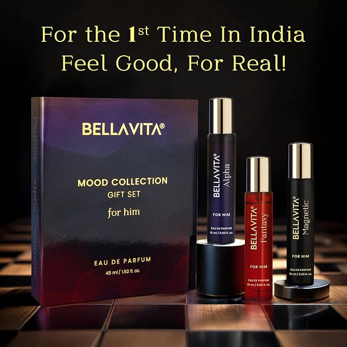 BellaVita Luxury Mood Collection Gift Set (3x15ml) for Men | Pheromone Inspired Technology Long Lasting Fragrance | Includes Alpha, Fantasy & Magnetic Perfumes | Woody, Vanilla, Benzoin and Cedarwood
