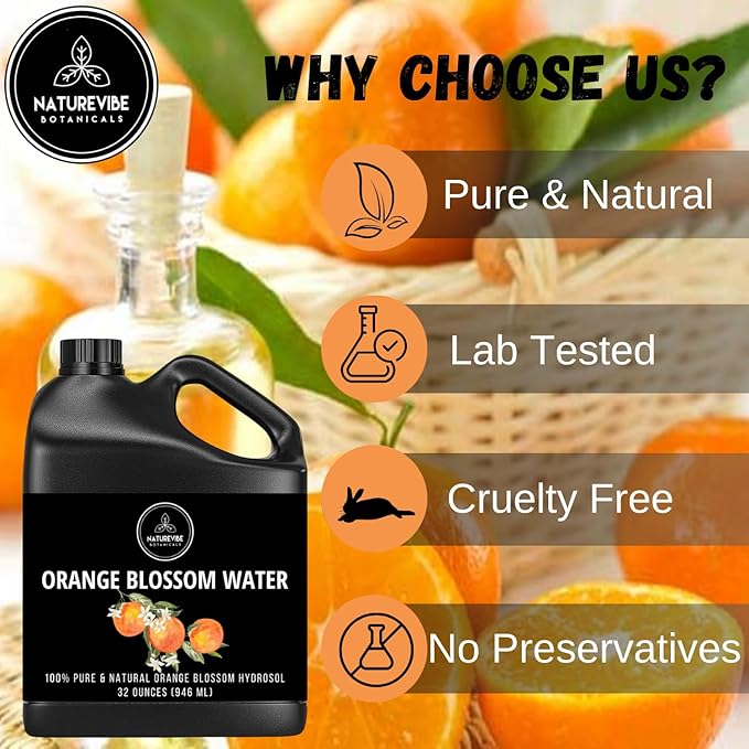 Naturevibe Botanicals Orange Water 32 Ounces | 100% Pure and Natural | Great for Skin Care and Hair Care