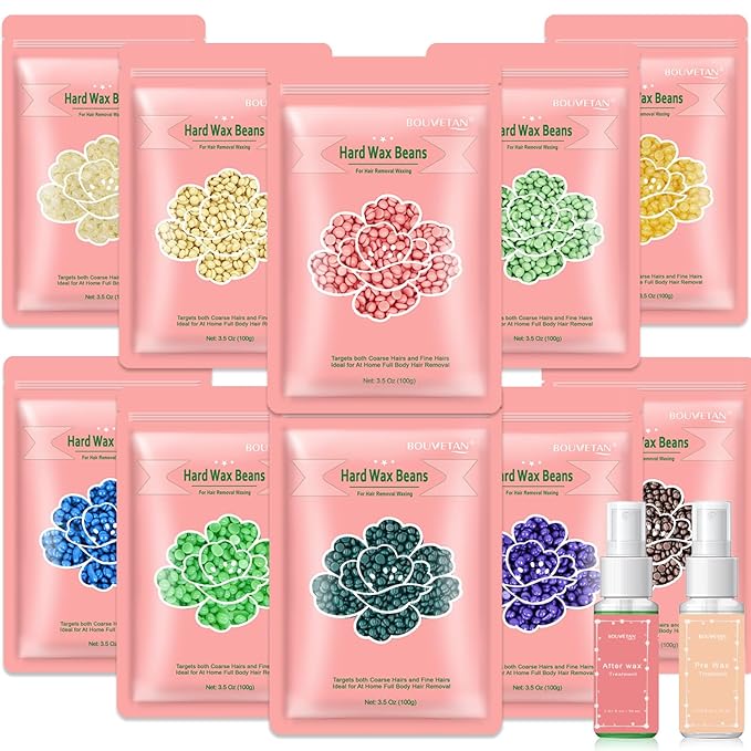 Wax Beads for Hair Removal, 2.2lb/1000g Hard Waxing Beans for Full Body, Brazilian, Bikini, Face, Eyebrows, Home Wax Refill for Women & Men, Pack of 10 with Pre & Post Oil