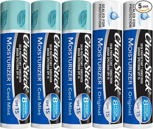 ChapStick Lip Balm Moisturizer 2-in-1 Lipcare SPF 15 Bundle – Cool Mint 3-Pack + Original 2-Pack, 0.15 Oz Ea (5 Piece Set)