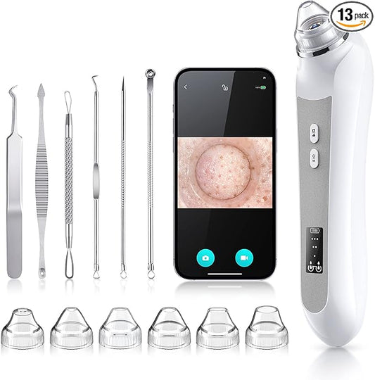 Blackhead Remover Vacuum, Black Head Remover for Face with Camera, Pore Vacuum for Men and Women, USB Interface Type Blackhead Remover Tools, 6 Suction Heads & 3 Adjustment Modes (Grey)