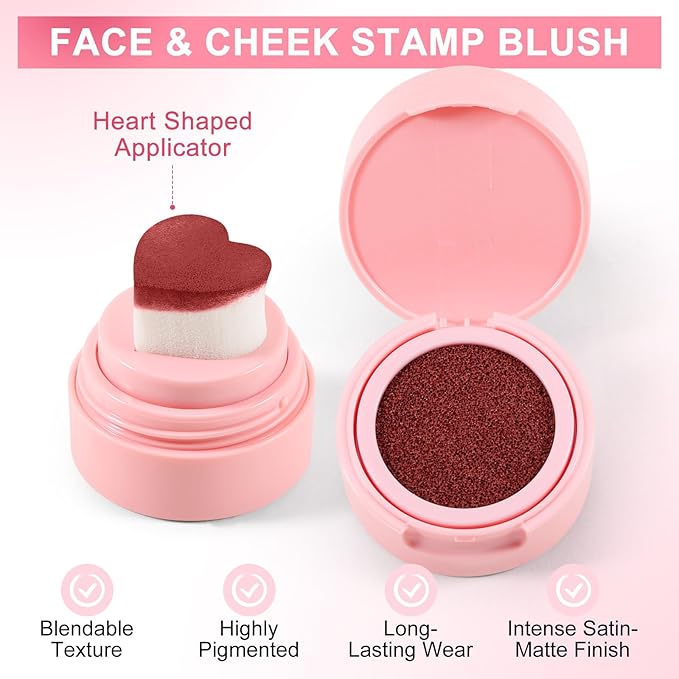 Boobeen Liquid Blush for Cheeks, Buildable & Blendable Face Blusher, Cheek Stamp Blush with Heart-shaped Applicator, Lightweight Air Cushion Blush for Velvet Matte Finish