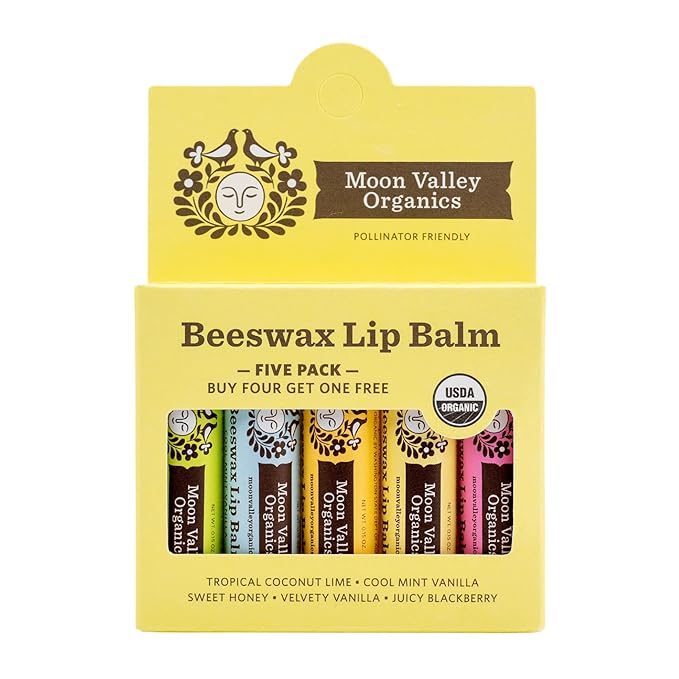 Moon Valley Organics Beeswax Lip Balm for Moisturizing Lips and Cuticles (Vanilla | Lime | Honey | Blackberry | Mint Vanilla, 5-Pack)