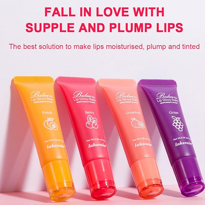 Lip Glowy Balm,4 Pack Fruit Glowy Lip Balm,Vitamin E Lip Glowy Balm Set Reduce Lip Lines, Enhance Lip Color,Moisturizing & Plump Quickly Replenishing Moisture and Relieving Dry Lips