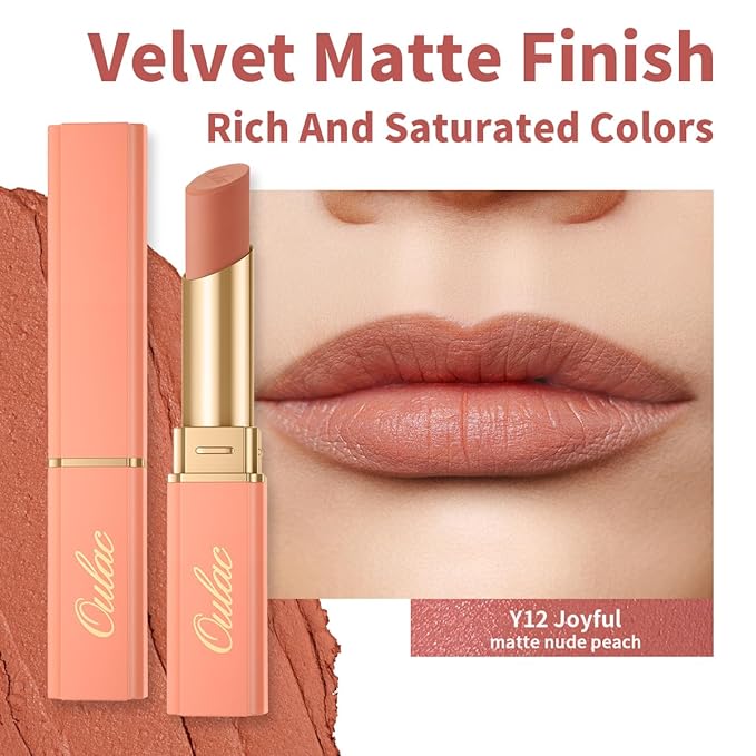 Oulac Nude Matte Lipstick for Women, Lipstick & Blush Duo, Peach Creamy Soft Satin Finish Lipsticks,Moisturising Formula,Rich Color Lightweight, Rose Oil,Vegan & Cruelty-Free| 3.6g (Y12