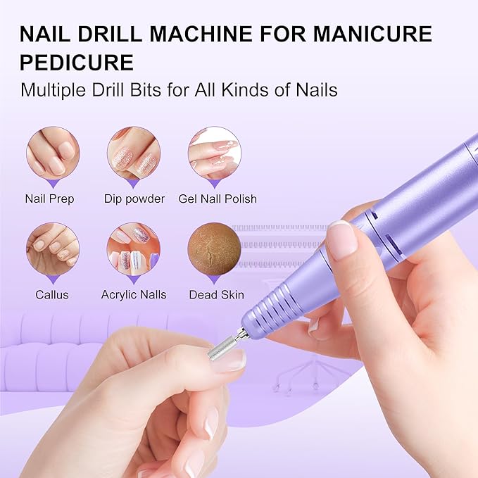 Professional Electric Nail Drill File:COSYGLOW Glitter Portable Cordless E-File Nail Drill Kit with 11 Drill Bits,30000 RPM Rechargeable Nail Drills Machine for Acrylic Nails Gel Polishing(Purple)