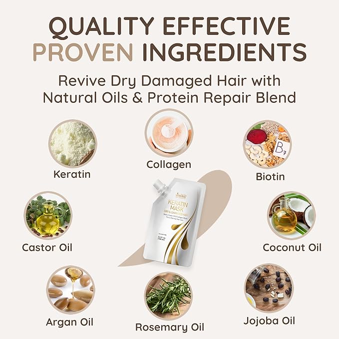 VITAMINS hair cosmetics Keratin Hair Mask - Deep Repair Conditioner with Biotin & Castor Oil - For Damaged, Dry, Curly, Straight, Thin & Fine Hair - Intense Collagen Protein Treatment