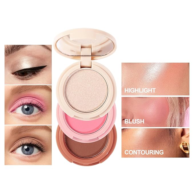 Makeup Eyeshadow Palettes, 3-in-1 Protable Multifunction Blush Highlighter Contour Palettes with 3 Trend Colors for Daily Natural Luster Makeup, Waterproof Long Lasting - 2 Pack #1