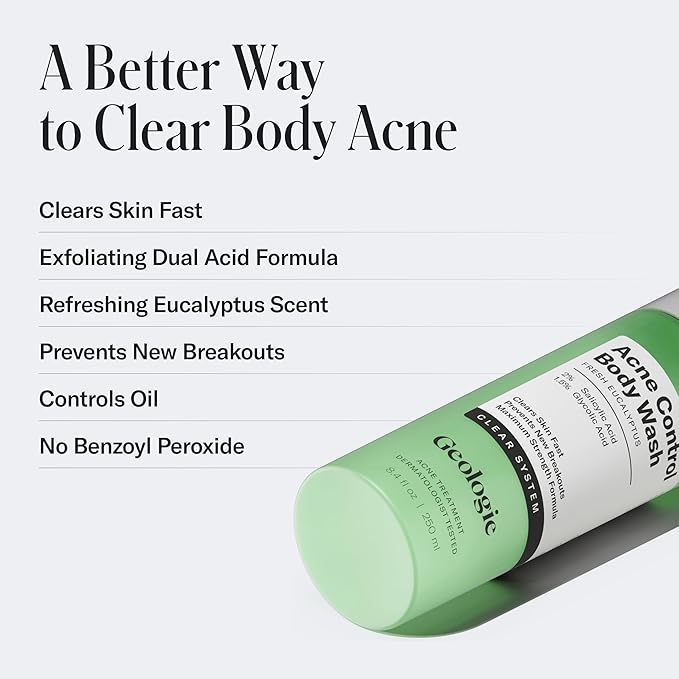 Geologie Acne Control Body Wash | Fresh Eucalyptus | 2% Salicylic Acid + 1.5% Glycolic Acid | Clears Body Acne & Prevents Breakouts | For Men & Women | No Benzoyl Peroxide | 8.4 oz