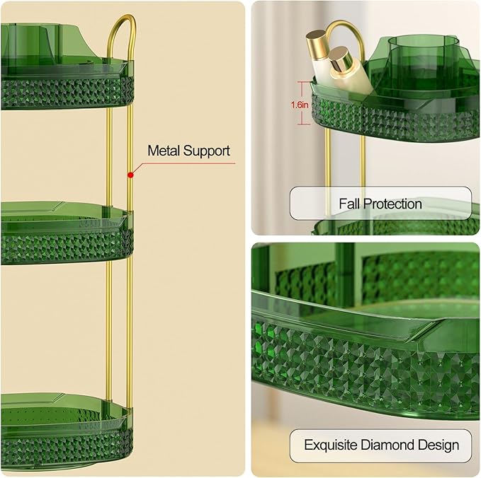 Rotating Makeup Organizer for Vanity 3 Tier, Perfume Organizer with Makeup Brush Holder, Large Capacity Cosmetics Clear Skincare Organizer for Countertop (Green)