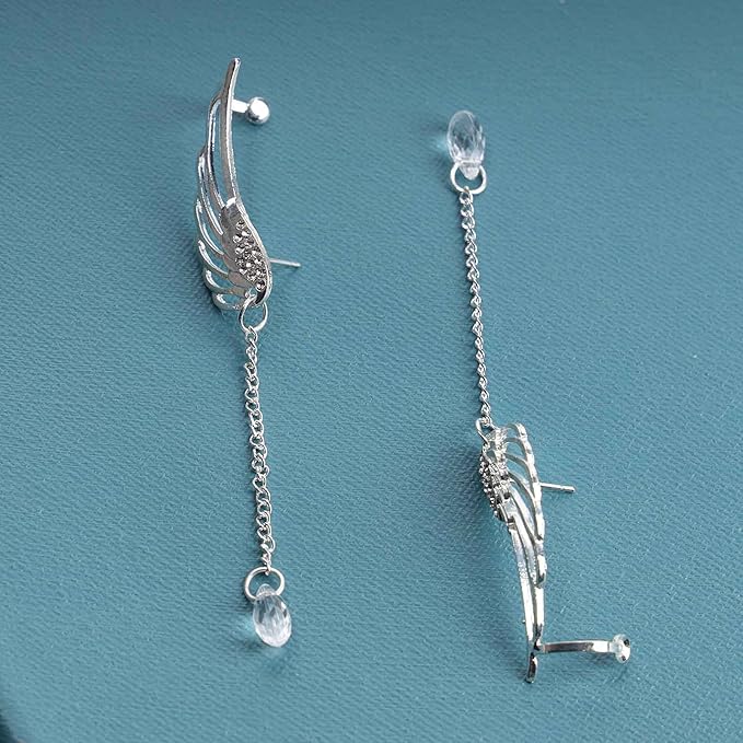 Boho Rhinestone Wing Ear Climbers Earrings Silver Crystal Drop Earring Chain Dangle Earrings Angel Wing Wrap Earrings Jewelry for Women and Girls Gifts