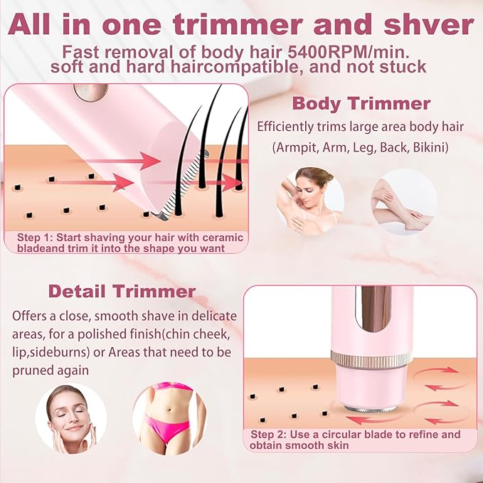 2 in 1 Bikini Trimmer for Women, Dual Head Electric Shaver with LED Display for Body Pubic Hair, IPX7 Waterproof Rechargeable Womens Electric Razor for Armpit Leg Body Facial
