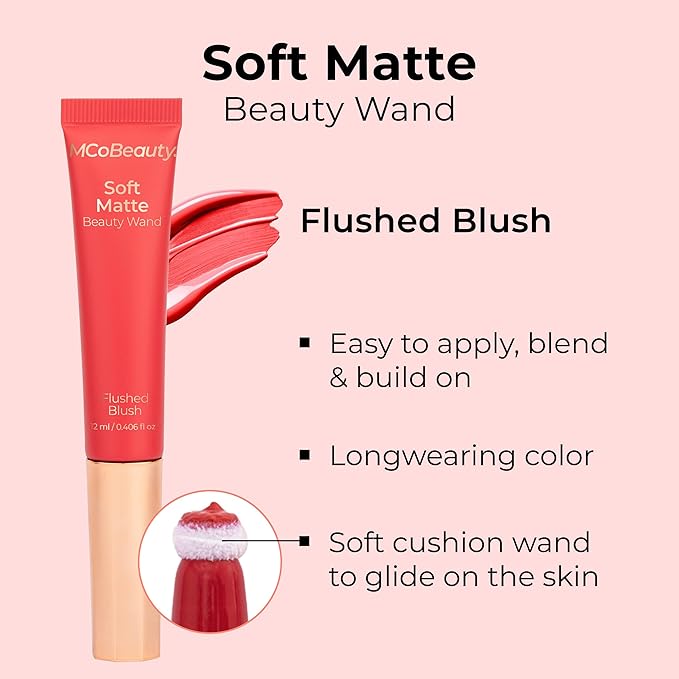 MCoBeauty Soft Matte Beauty Wand, Flushed Blush, Velvety Finish of Buildable Color, Vegan, Cruelty Free Cosmetics