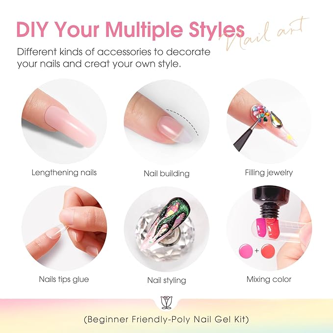 ROSALIND Poly Nail Gel Kit -14 Colors Nail Art Accessories kit Clear Nude Nail Extension Gel Starter with Slip Solution White Nude Pink Nail Extensions Gels Set with Mini UV Lamp