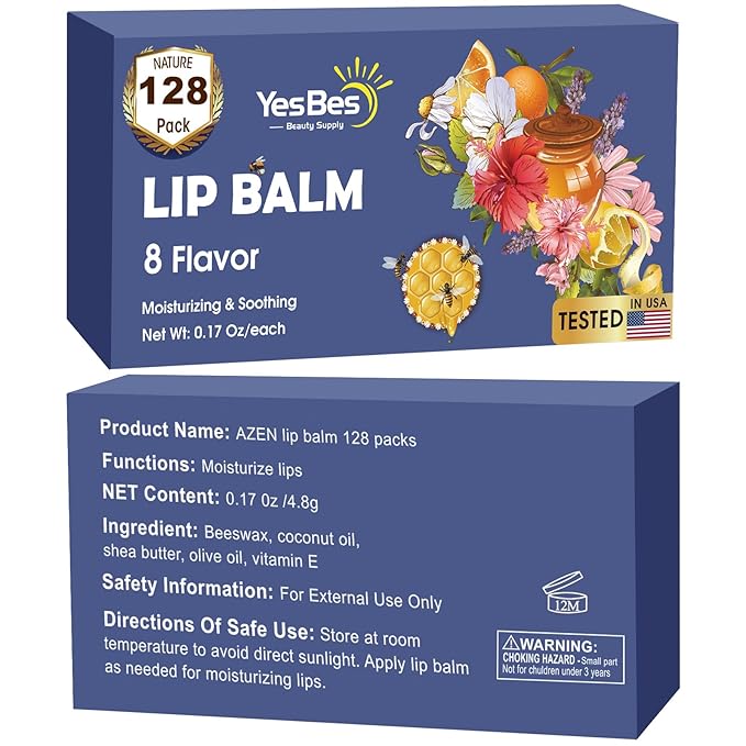 128 Pack Lip Balm, Natural Lip Balm Bulk with Vitamin E and Coconut Oil, Moisturizing Lip Balm for Dry Cracked Lips, Lip Balm for Stocking Stuffers - 8 Flavors