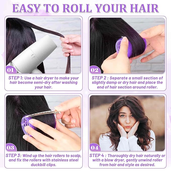 Acejoz Hair Rollers, 12Pcs Large Self-Grip Hair Curlers with 12Pcs Stainless Steel Duckbill Clips, for Long Medium Thick Hair Volume (Purple)