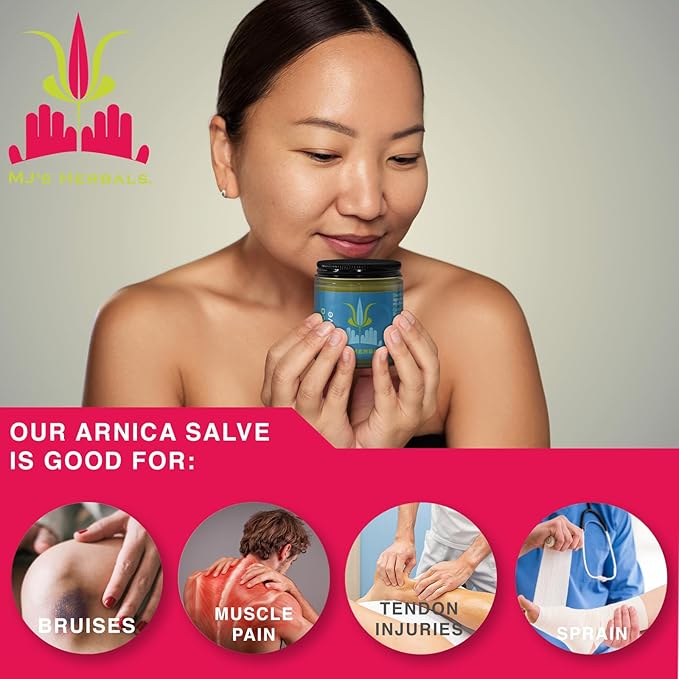 MJ’s Herbals Arnica Salve | Organic, Maximum Strength, Immediate Relief for Sore Muscles & Feet | Bruise Recovery, Fantastic Massage & After Yoga Balm | No Parabens, No Synthetics (1 oz)