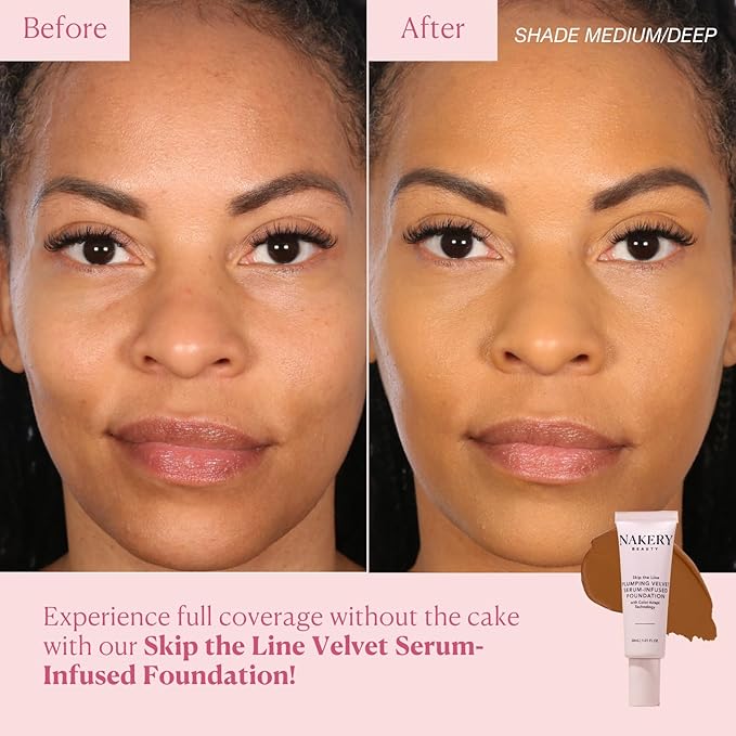 Nakery Skip the Line Full Coverage Foundation for Women - Plumping Velvet Womens Foundation Makeup Matte Finish - Age Defying Foundation - Moisturizing Foundation with Smart Color Adapt - Medium Deep