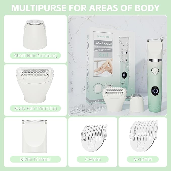 3-in-1 Painless Bikini Trimmer for Women - Electric Pubic Hair Shaver with Ceramic Blade, Wet/Dry USB Razor for Underarm/Leg/Body, Rechargeable Ladies Grooming Kit