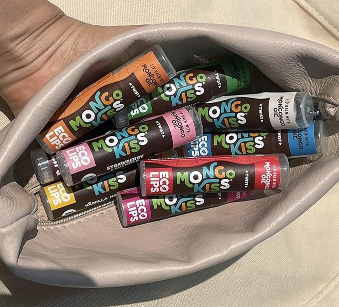 Eco Lips Mongo Kiss Organic Lip Balm 7 Pack - Blood Orange, Black Cherry, Pomegranate, Vanilla Honey, Peppermint, Strawberry Lavender, Yumberry | Mongongo Oil to Soothe & Moisturize Dry, Cracked Lips