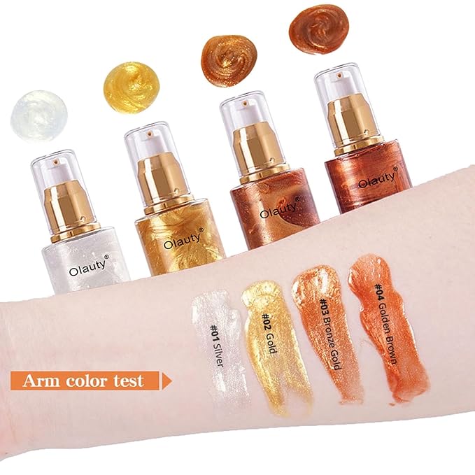 Shimmer Body Oil-Gold Face Brighten Glow Pearl Highlighter Liquid Illuminator Body Glow Oil,4 Color Bronze Makeup Glitter Body Shimmer Oil with Makeup Brush