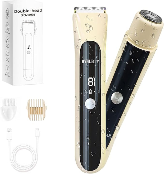 2 in 1 Bikini Trimmer for Women Dual Head Electric Shaver with LED Display,IPX7 Waterproof Wet & Dry, Painless Shaver for Underarm Leg Arm Body Face Private Area Khaki